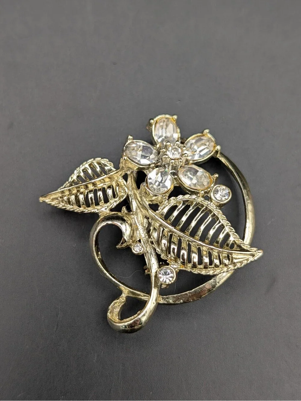 Flower Brooch Clear Rhinestone Floral Leaf Pin 1.75